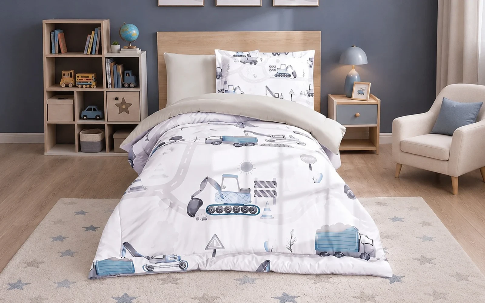 Kids bedding with construction vehicle prints in a tidy bedroom