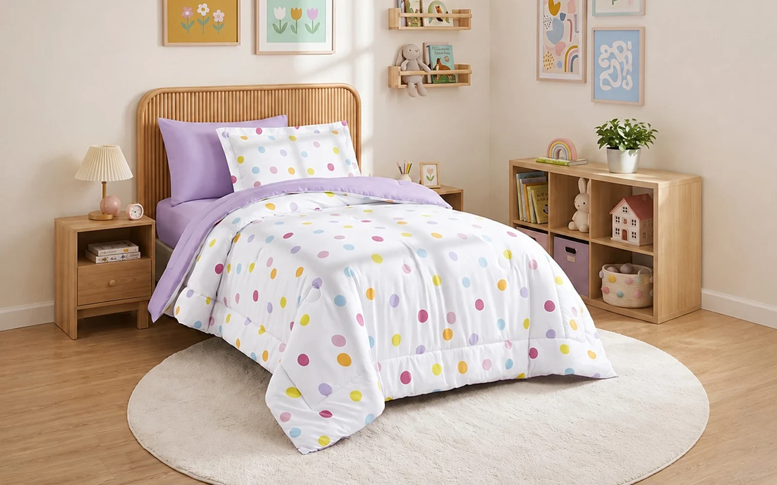 White kids bedding with colorful polka dots coordinated with the bedroom decor