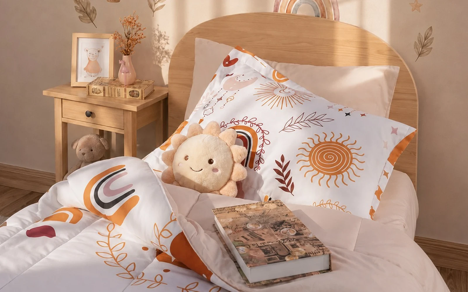 Kids bedding with sun and rainbow prints coordinated with the bedroom decor