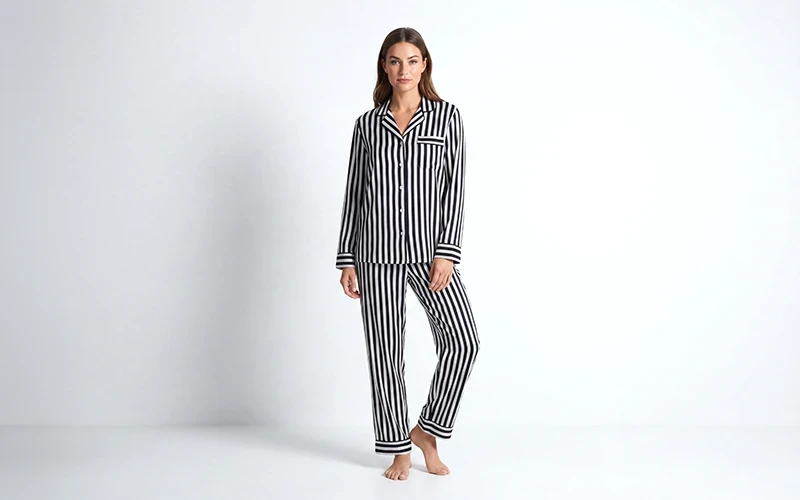 Fiocco Turkish Silk Pajama Set 2 Pcs - White & Balck