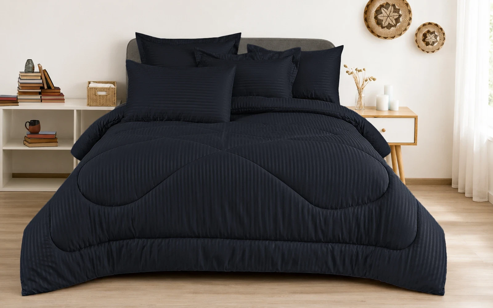 Armada Stripe Hotel Comforter Bedding Set 4 PCS - King Black