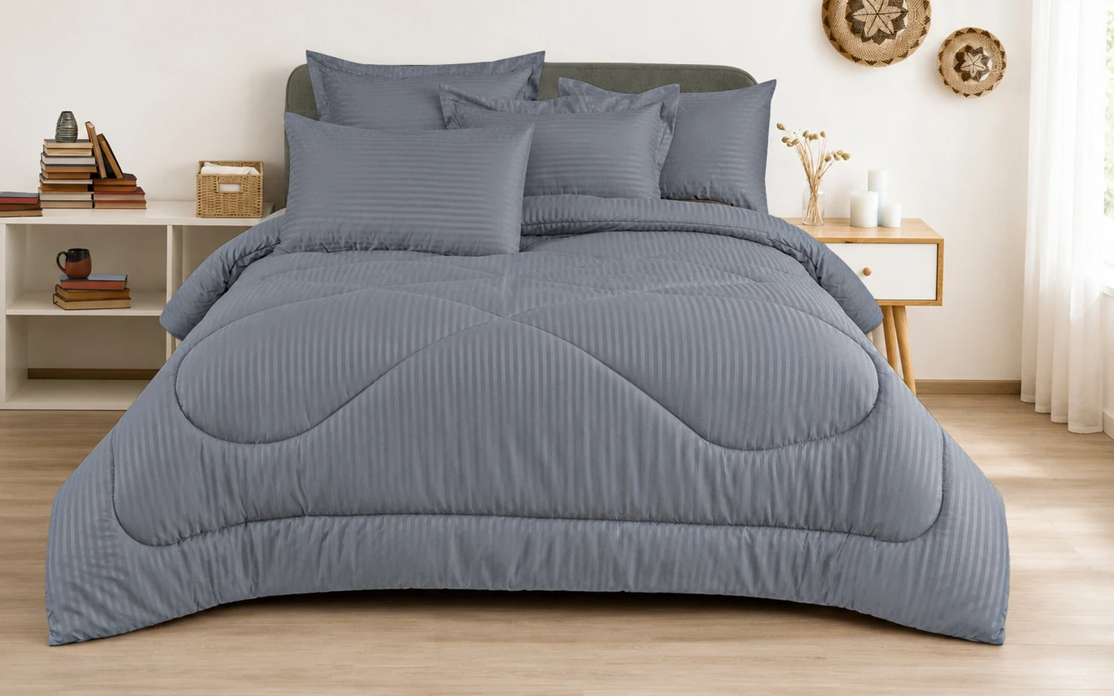 Armada Stripe Hotel Comforter Bedding Set 4 PCS - King D.Grey