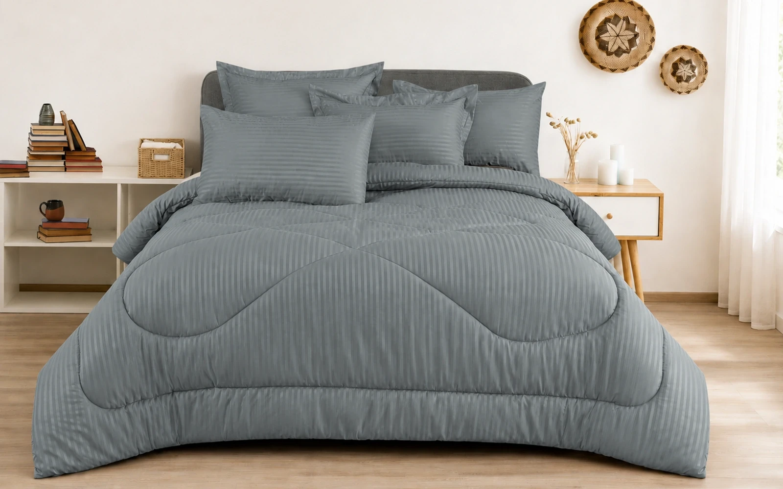 Armada Stripe Hotel Comforter Bedding Set 4 PCS - King D.Grey
