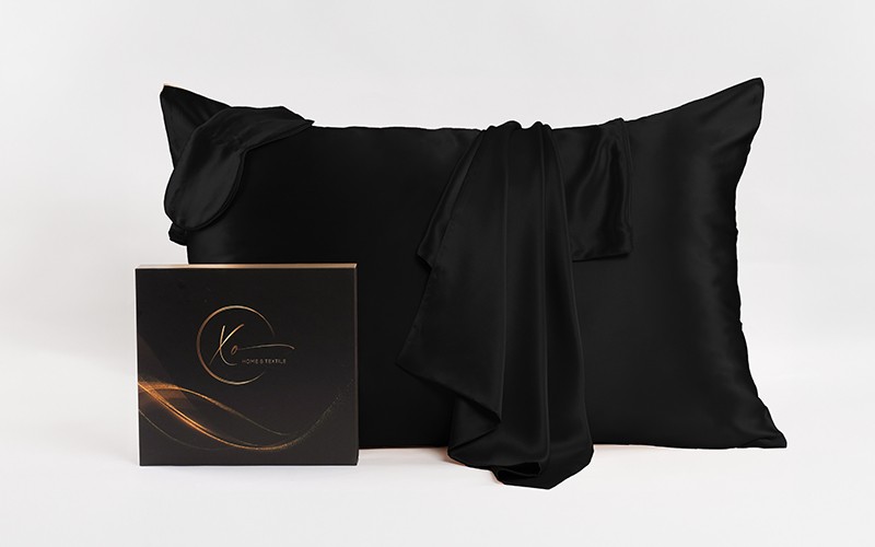 Luxury Silk Set 4 PCS ( Pillow Case , Eye Mask , Large Scrunchie , Hair Band ) - Black