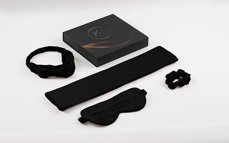 Luxury Silk Set 4 PCS ( Pillow Case , Eye Mask , Large Scrunchie , Hair Band ) - Black