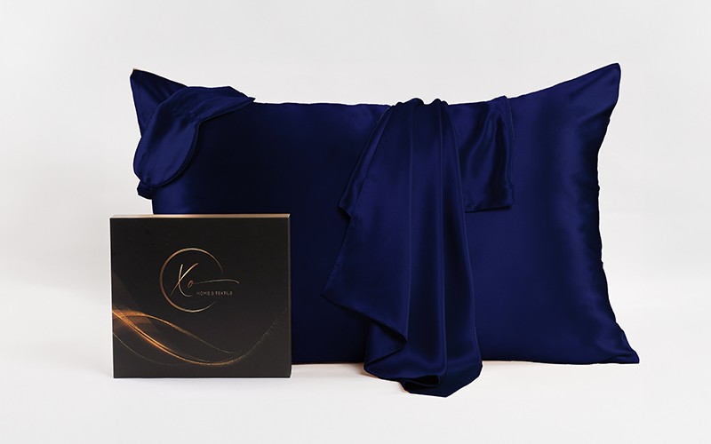 Luxury Silk Set 4 PCS ( Pillow Case , Eye Mask , Large Scrunchie , Hair Band ) - Blue