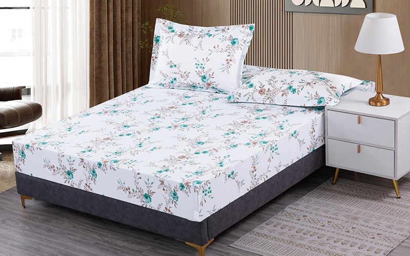 Flona Printed BedSheet Set 2 PCS - Single White & Turquoise