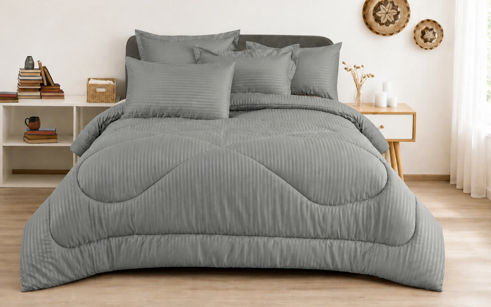 Armada Stripe Hotel Comforter Bedding Set 3 PCS - Single Grey