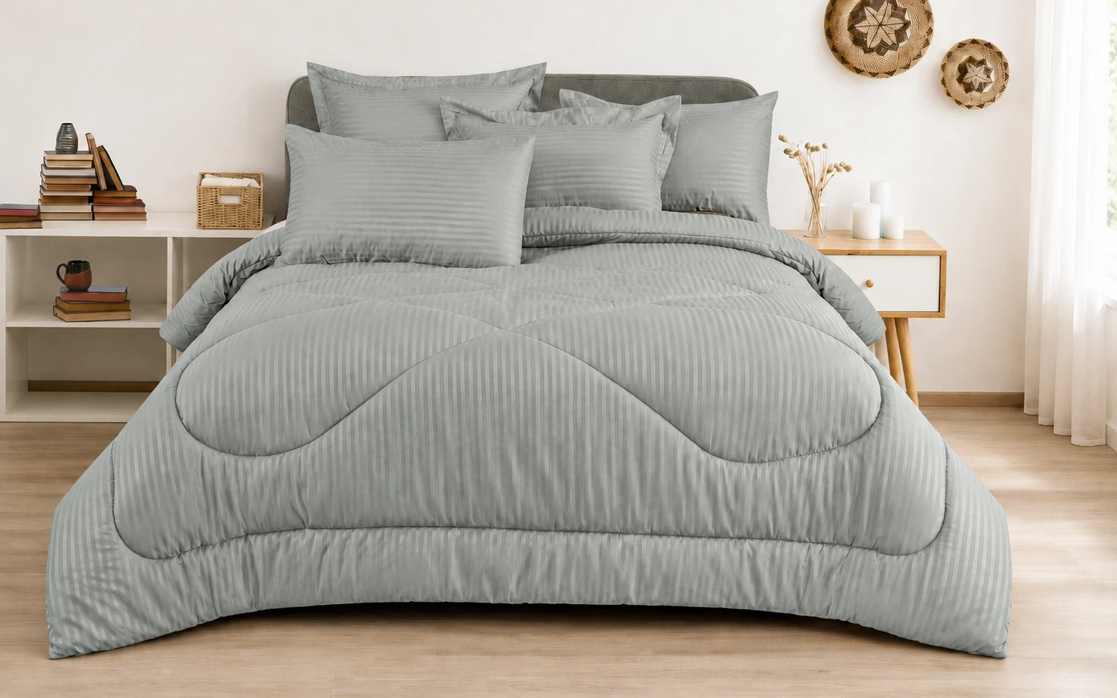 Armada Stripe Hotel Comforter Bedding Set 3 PCS - Single L.Grey