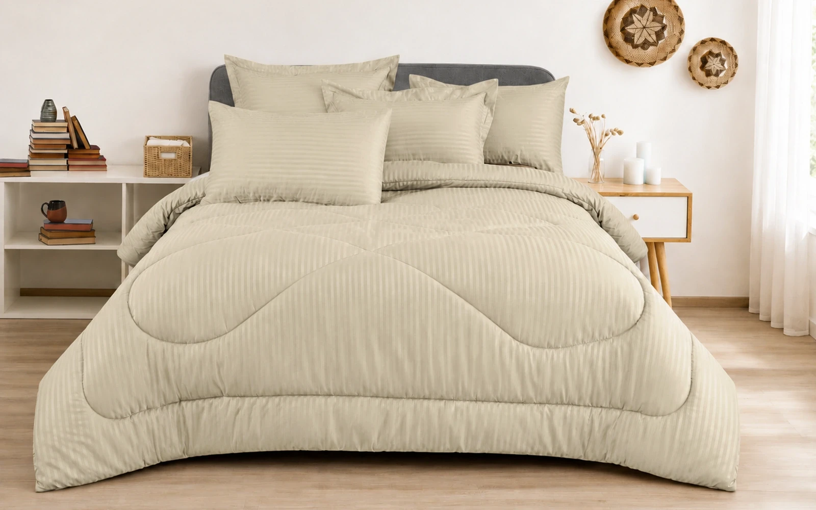 Armada Stripe Hotel Comforter Bedding Set 3 PCS - Single L.Beige
