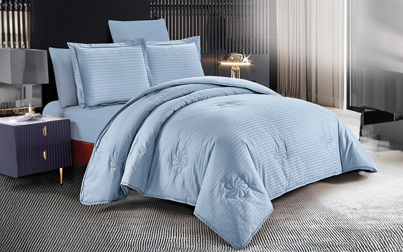 Plaza Cotton Stripe Comforter Bedding Set 4 PCS - Single Sky Blue