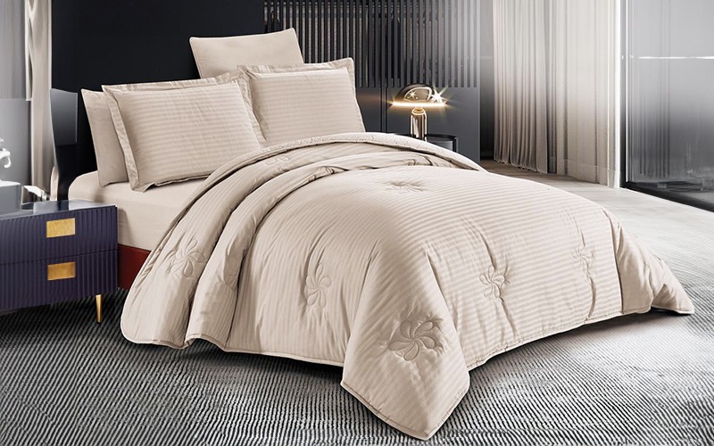 Plaza Cotton Stripe Comforter Bedding Set 4 PCS - Single L.Beige