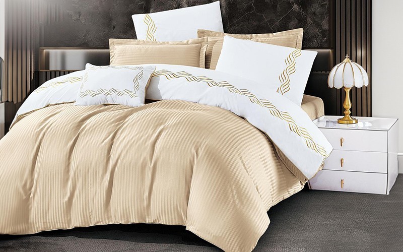 Magic Embroidered Stripe Comforter Bedding Set 4 Pcs - Single Beige