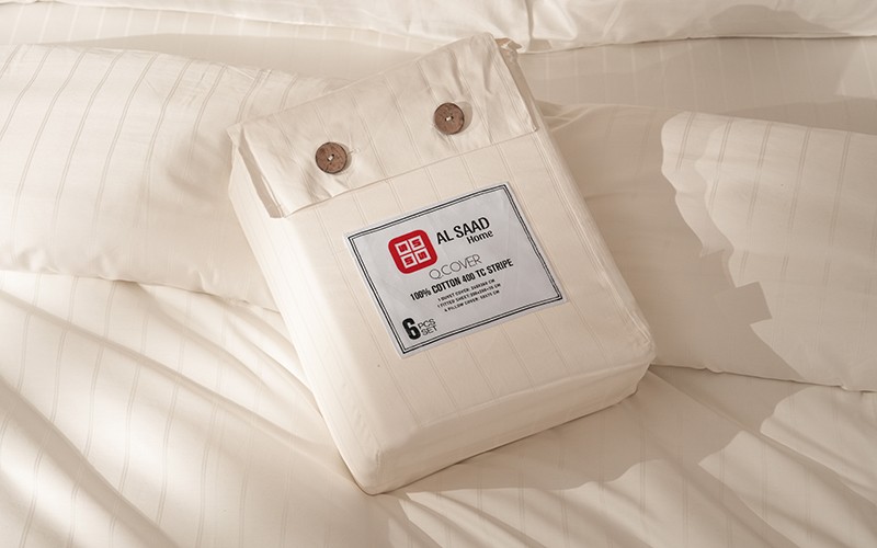 Al Saad Home Cotton Stripe Duvet Cover Set Without Filling ( 300 TC ) 6 PCS - King Cream