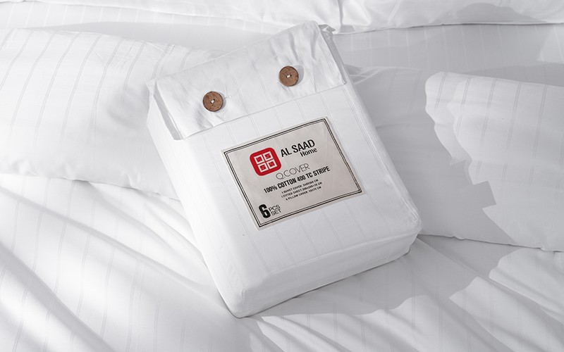 Al Saad Home Cotton Stripe Duvet Cover Set Without Filling ( 300 TC ) 6 PCS - King Off White