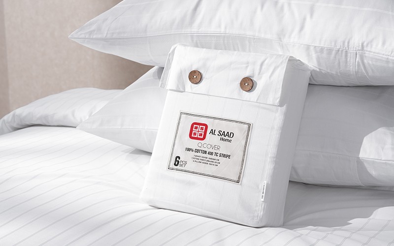 Al Saad Home Cotton Stripe Duvet Cover Set Without Filling ( 400 TC ) 6 PCS - King Off Whie