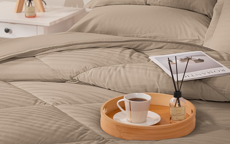 Al Saad Home Stripe Cotton Comforter Bedding Set 6 PCS - King Beige