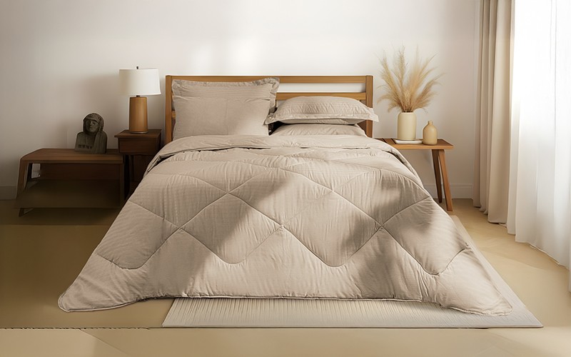 Al Saad Home Stripe Cotton Comforter Bedding Set 6 PCS - King Beige