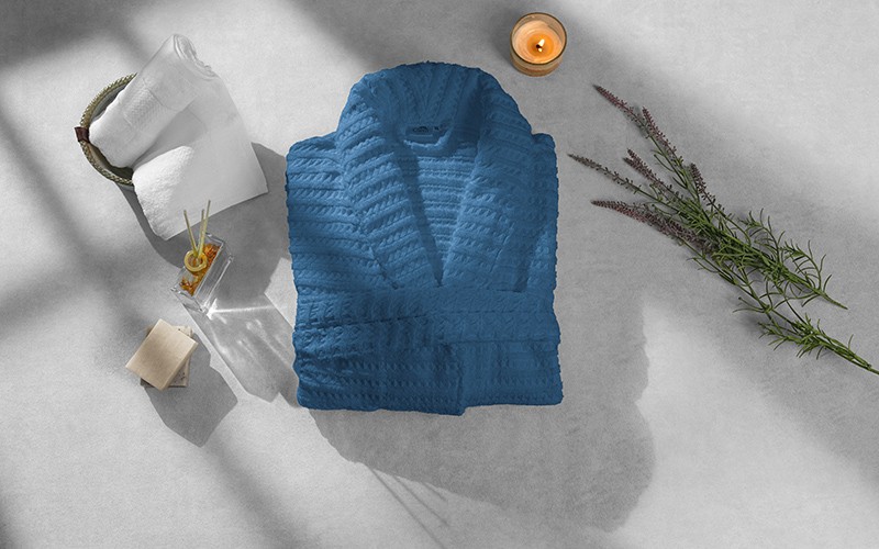 Wave Cotton Bathrobe 1 PC - D.Blue 