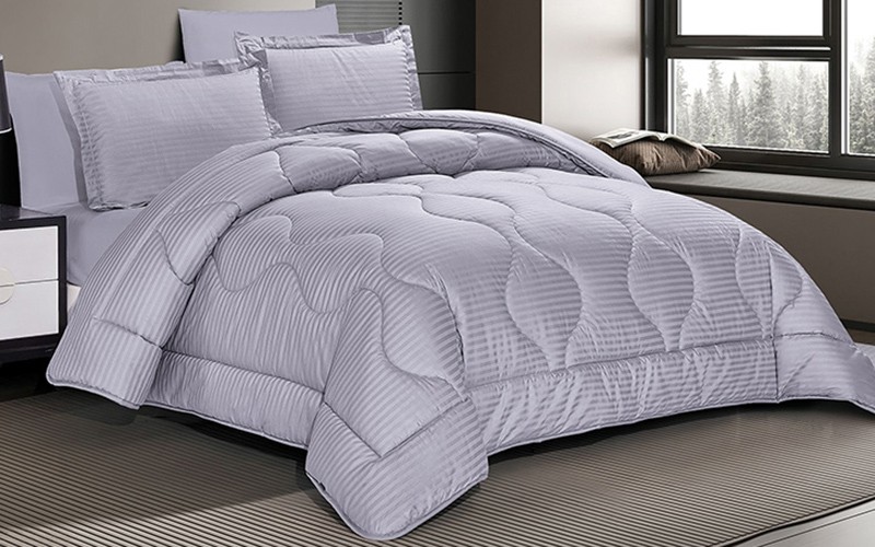 Pika Cotton Hotel Stripe Comforter Bedding Set 6 PCS - King Grey