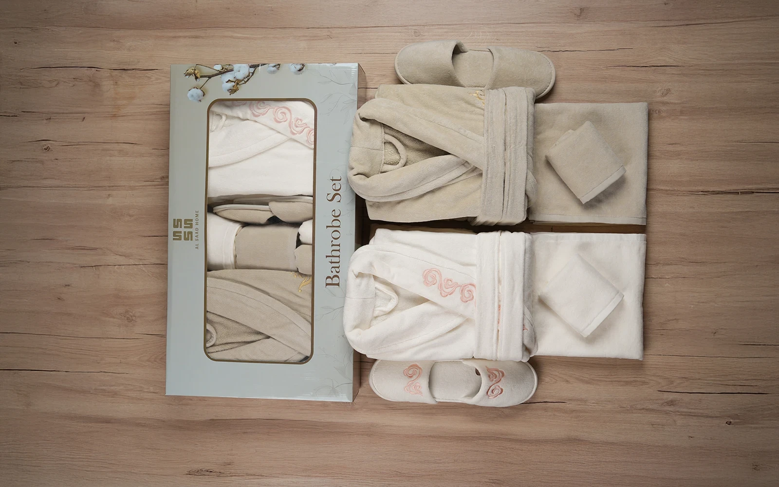 Al Saad Home Cotton Embroidered Bathrobe Set 10 PCS - Cream & Beige