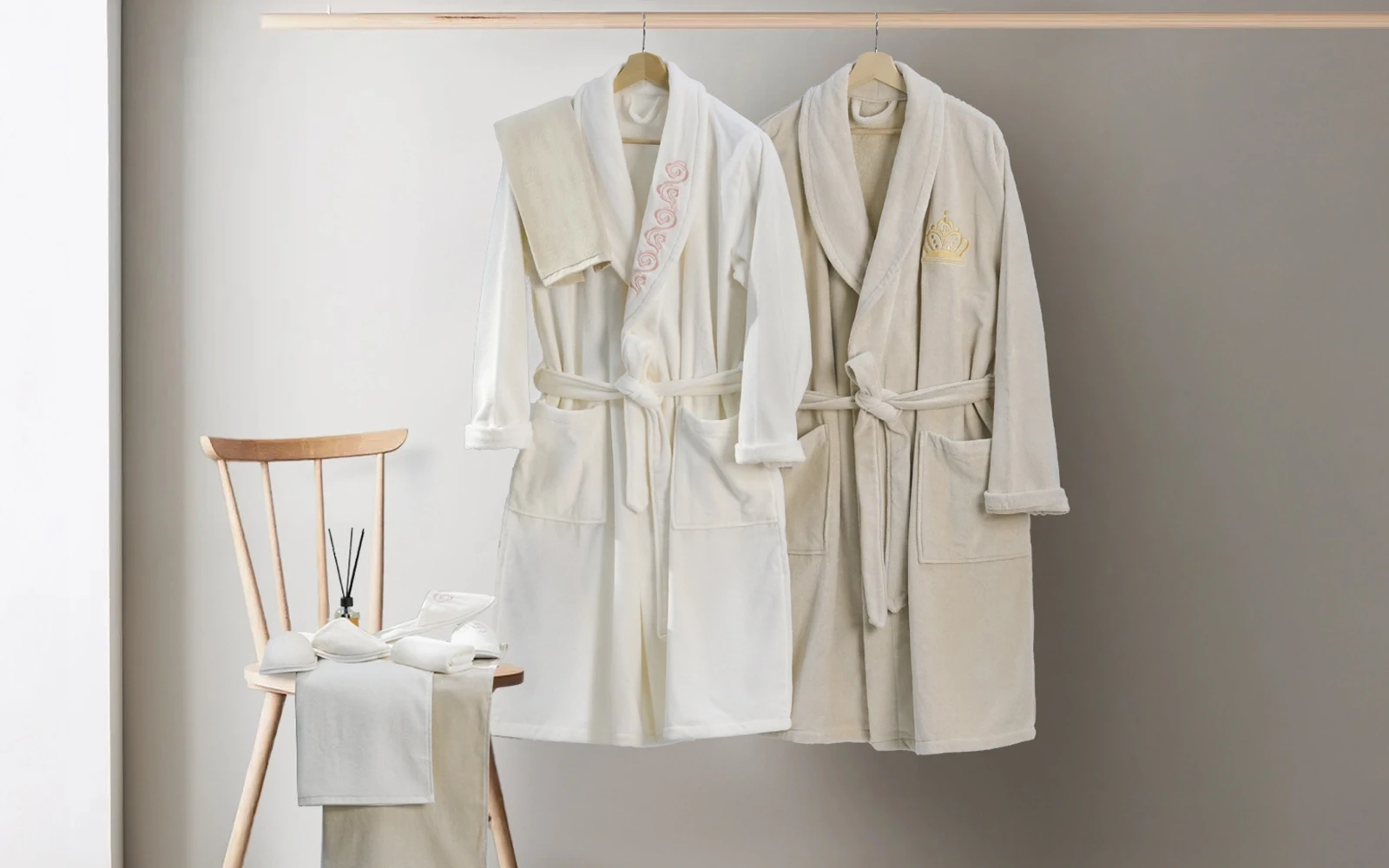 Al Saad Home Cotton Embroidered Bathrobe Set 10 PCS - Cream & Beige