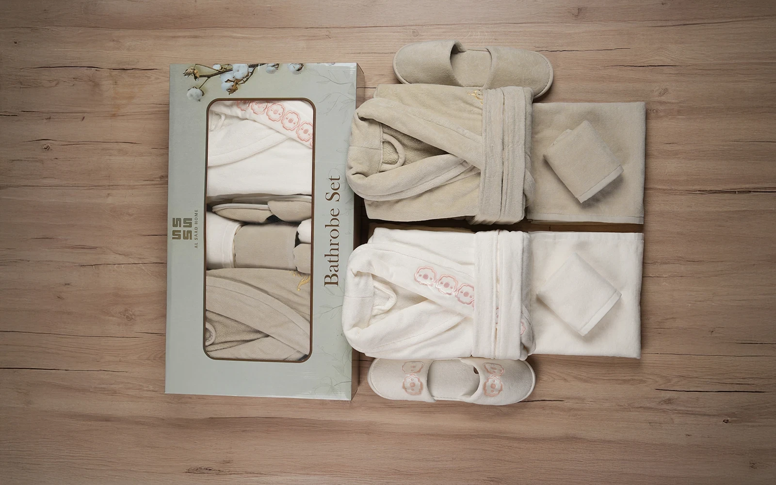 Al Saad Home Cotton Embroidered Bathrobe Set 10 PCS - Cream & Beige