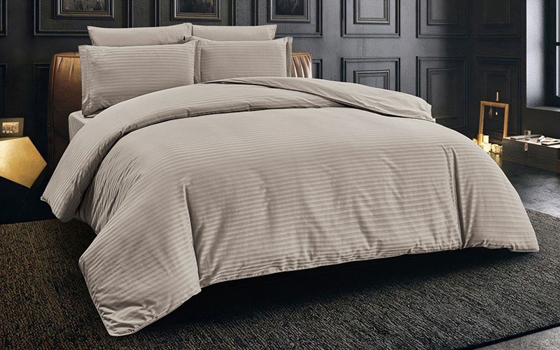 New Tiffany Cotton Stripe Duvet Cover Bedding Set Without Filling  6 PCs - King D.Beige