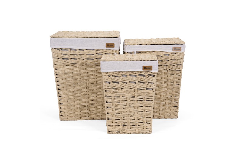 Woven Paper Rope Laundry Hamper Set with Lid and Removable Liner​​​​​​​ 3 Pcs - Beige