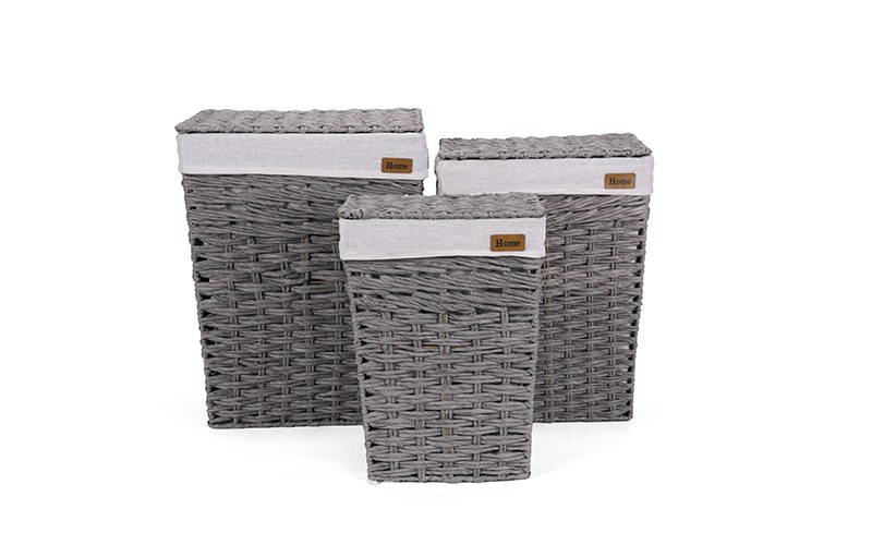 Woven Paper Rope Laundry Hamper Set with Lid and Removable Liner​​​​​​​ 3 Pcs - Grey