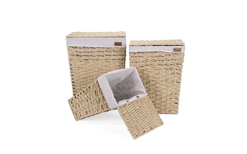 Woven Paper Rope Laundry Hamper Set with Lid and Removable Liner​​​​​​​ 3 Pcs - Beige