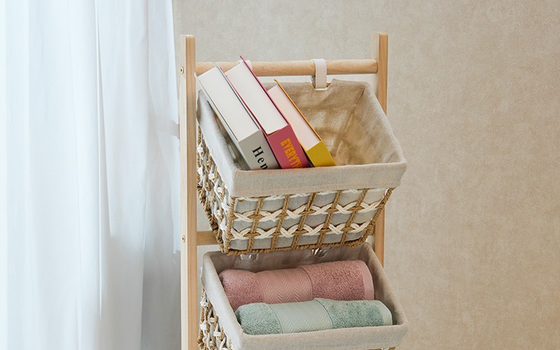 Woven Paper Rope Storage Baskets Set With Stand 3 PCS