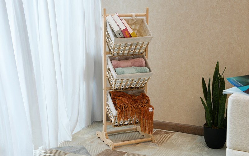 Woven Paper Rope Storage Baskets Set With Stand 3 PCS