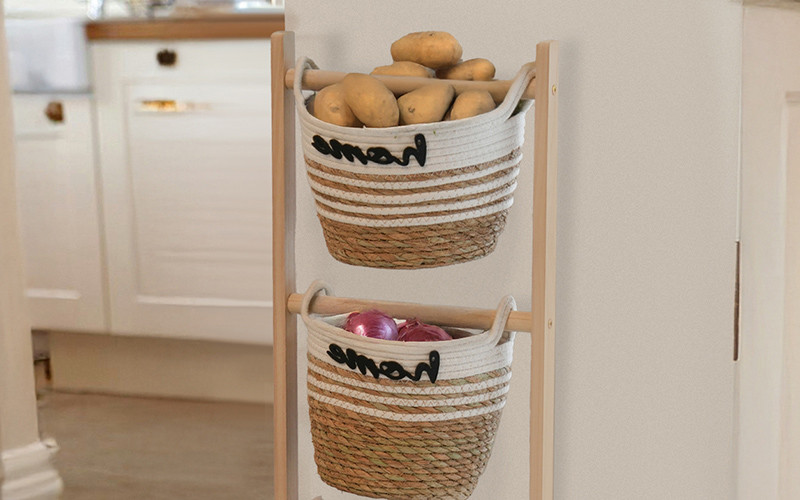 Woven Cotton Rope Storage Baskets Set With Stand 3 PCS