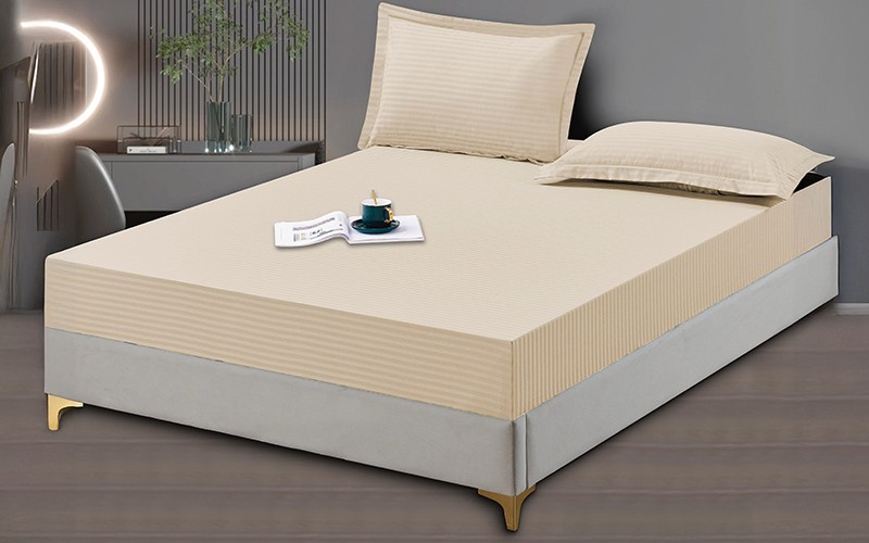 Plaza Cotton Stripe Bedsheet Set 3 PCS - Queen Beige