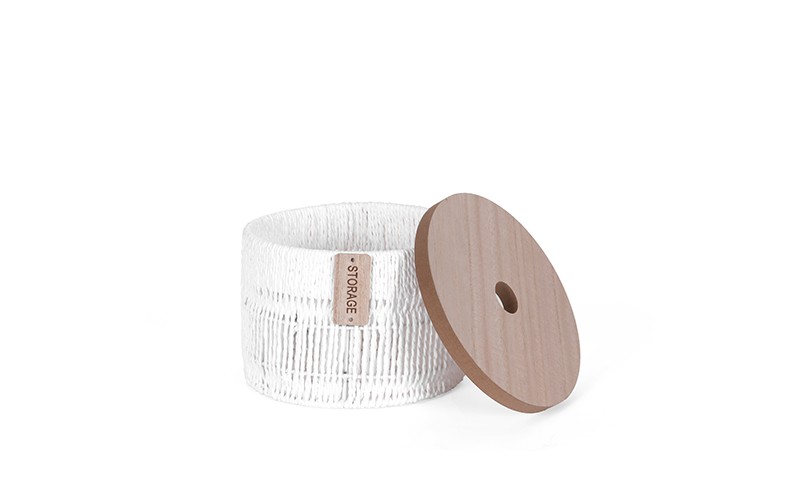 Round Storage Basket With Natural Rope Weave and Wooden Lid 1 Pc - White