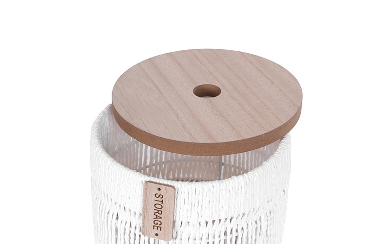 Round Storage Basket With Natural Rope Weave and Wooden Lid 1 Pc - White