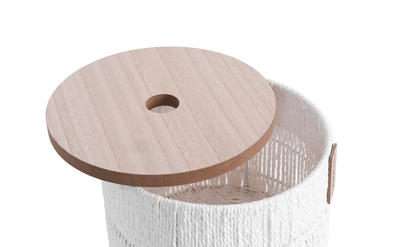 سلة تخزين مستديرة بنسيج حبل طبيعي وغطاء خشبي 1 قطعة - أبيض