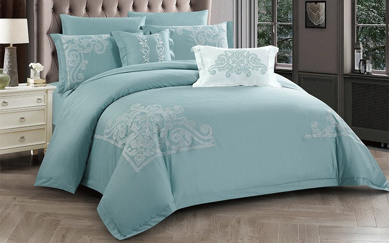 Charlene Cotton Embroidered Duvet Cover Bedding Set With Filling 9 PCS - King Turquoise