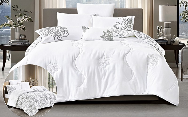 Feather Land Double Face Cotton Printed Comforter Bedding Set 7 PCS - King White