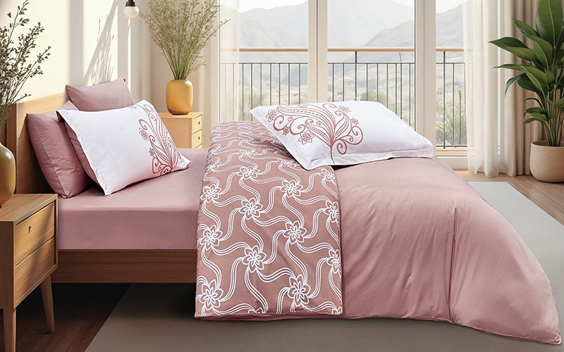 Feather Land Double Face Cotton Printed Duvet Cover Without Filling 6 PCS - King Pink