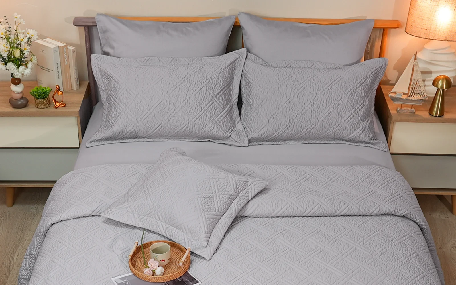 Sily Cotton Duvet Cover Bedding Set With Filling 8 PCS - King Grey