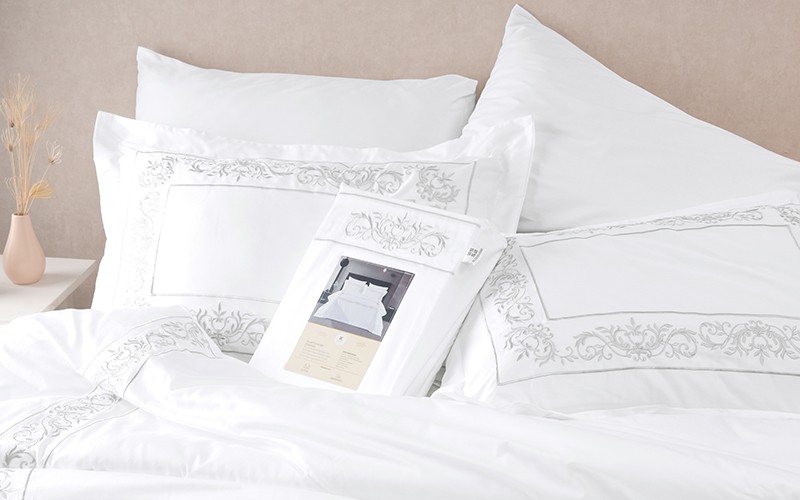 Rimal Cotton Embroidered Duvet Cover Set Without Filling ( 300 TC ) 6 PCS - King White & Silver 