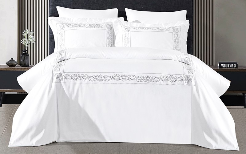 Rimal Cotton Embroidered Duvet Cover Set Without Filling ( 300 TC ) 6 PCS - King White & Silver 