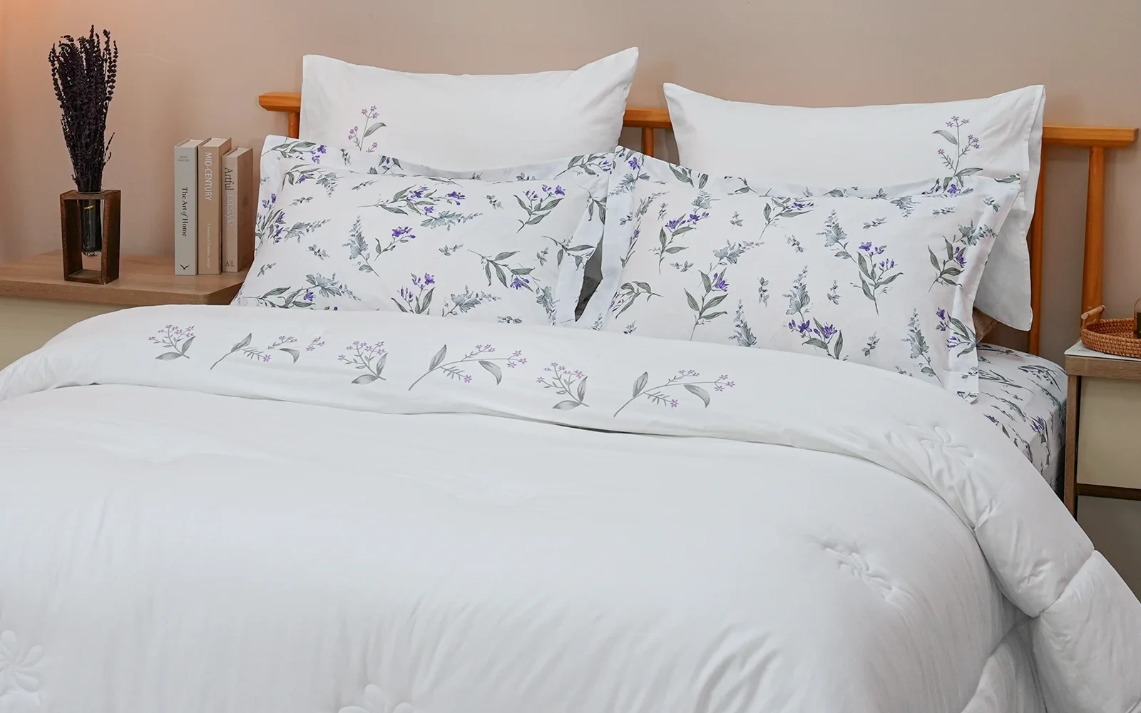 Aster Cotton Embroidered Comforter Bedding Set 6 PCS - King White & Green
