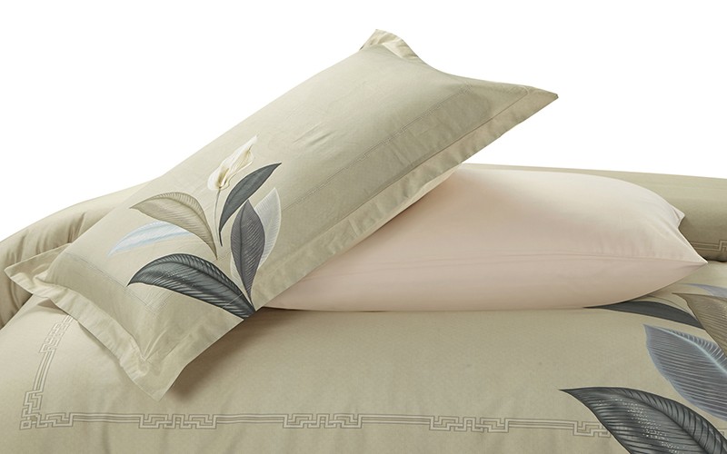 Leaves Cotton 300 TC Printed Duvet Cover Bedding Set Without Filling 6 PCS - King Beige