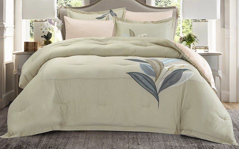 Leaves Cotton 300 TC Printed Duvet Cover Bedding Set Without Filling 6 PCS - King Beige