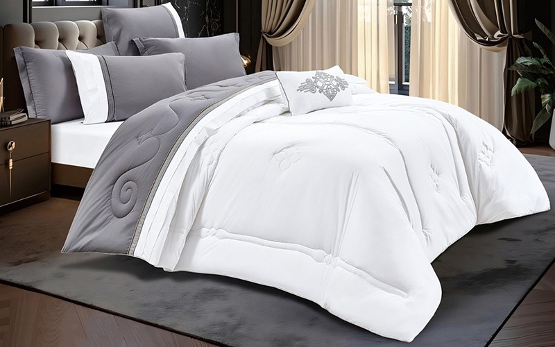 Dina Cotton Embroidered Comforter Bedding Set 7 PCS - King White & Grey