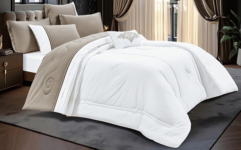 Dina Cotton Embroidered Comforter Bedding Set 7 PCS - King White & D.Beige
