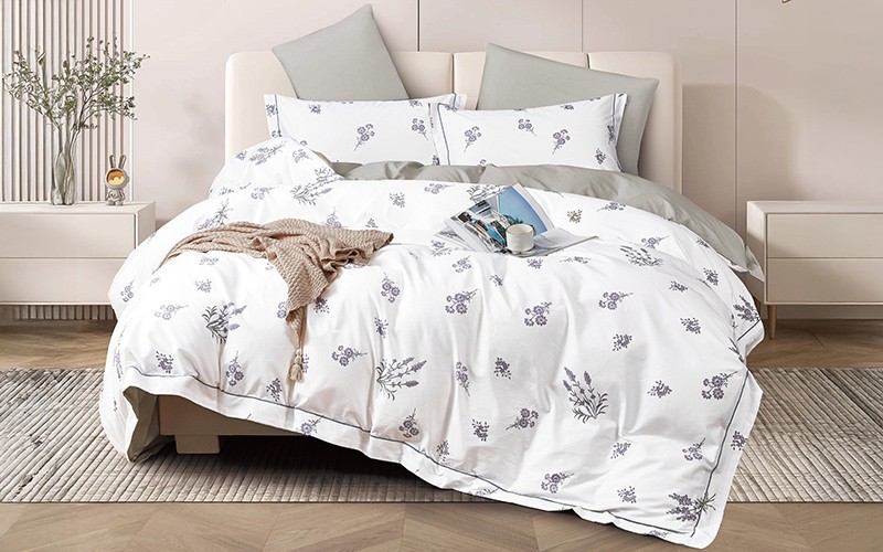 Anika Cotton Printed Duvet Cover Bedding Set 6 PCS - King White & Purple